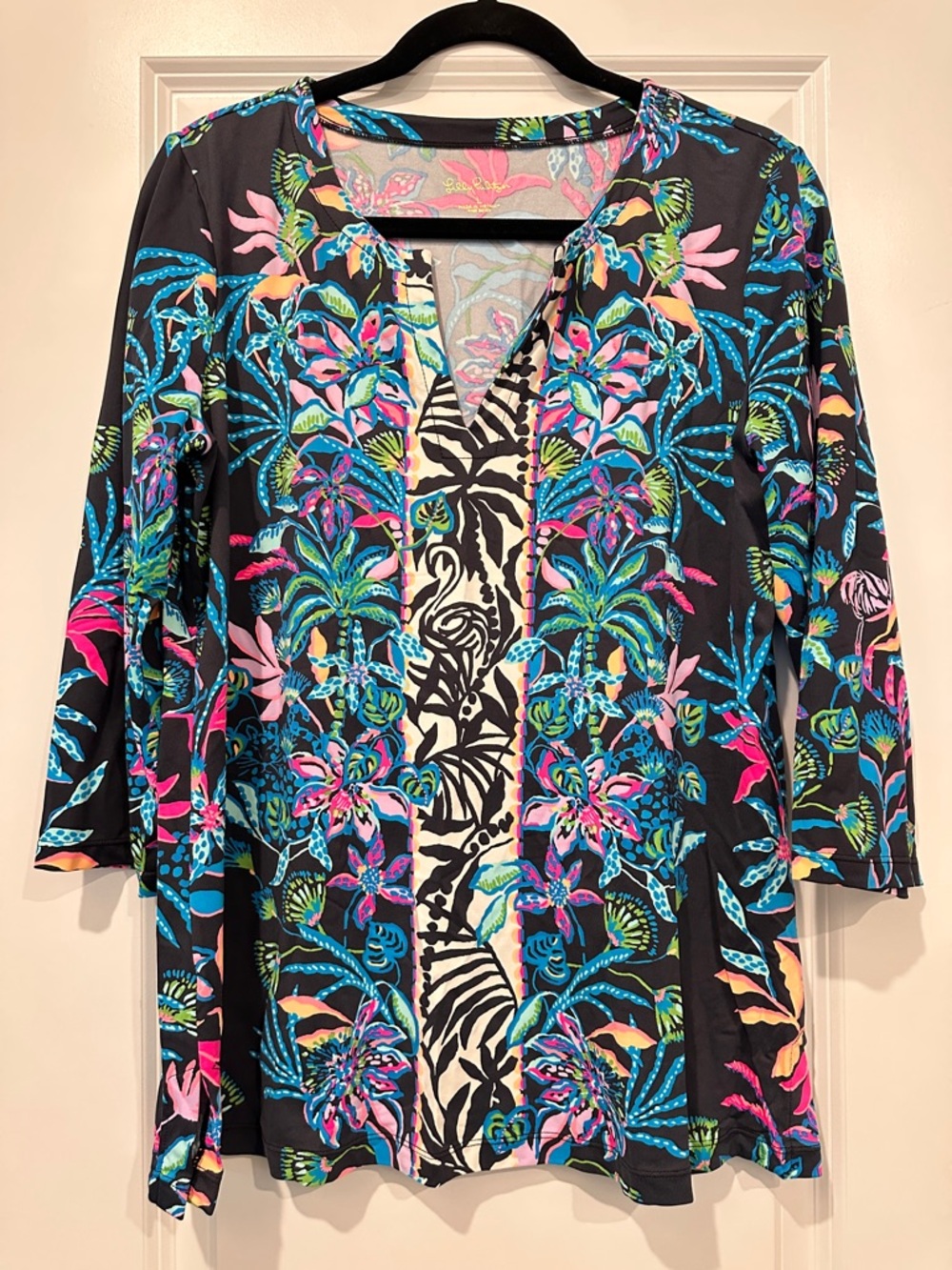 Lilly Pulitzer Black Tunic with Neon Pink, Blue and Green Floral Print